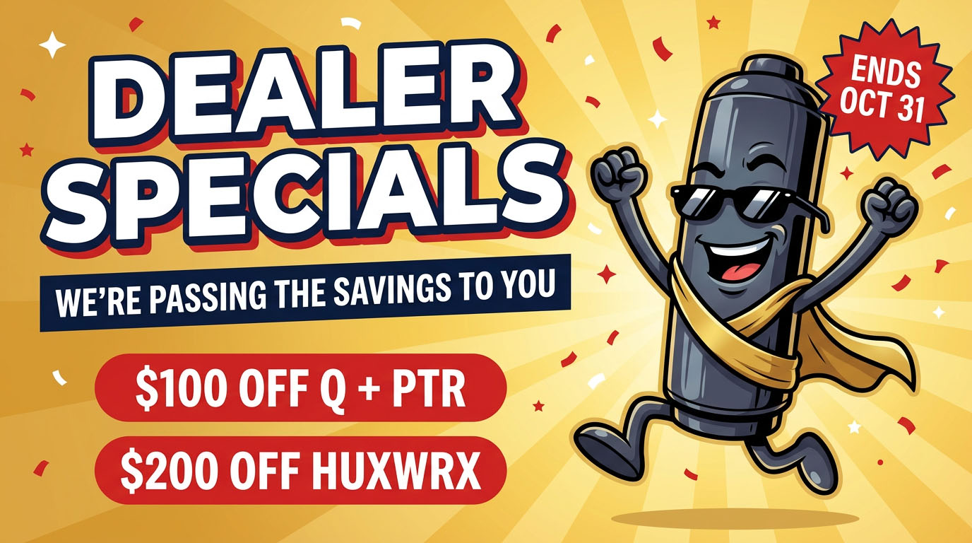 Dealer Specials. We're passing the savings to you. $100 off Q and PTR suppressors. $200 off the HUXWRX Flow. Ends Oct 31.