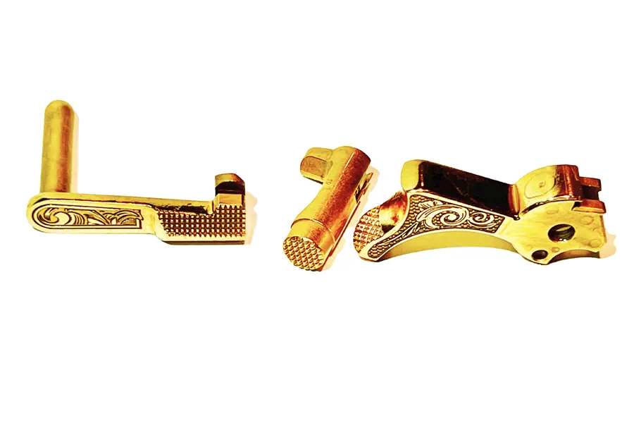 Custom engraved and 24K gold plated 1911 parts - hammer, slide stop, mag release
