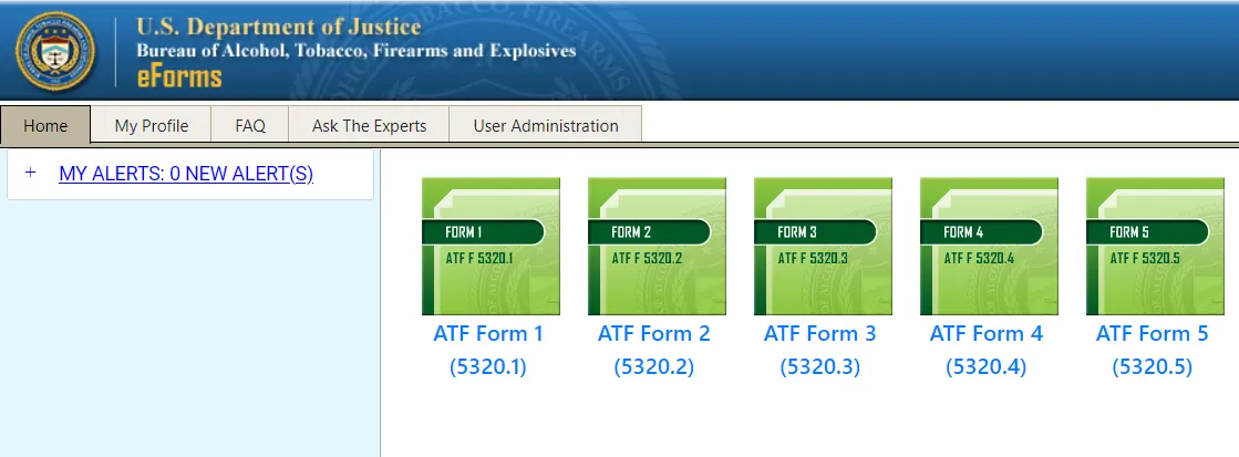 ATF eForms dashboard showing NFA Form 1 through Form 5