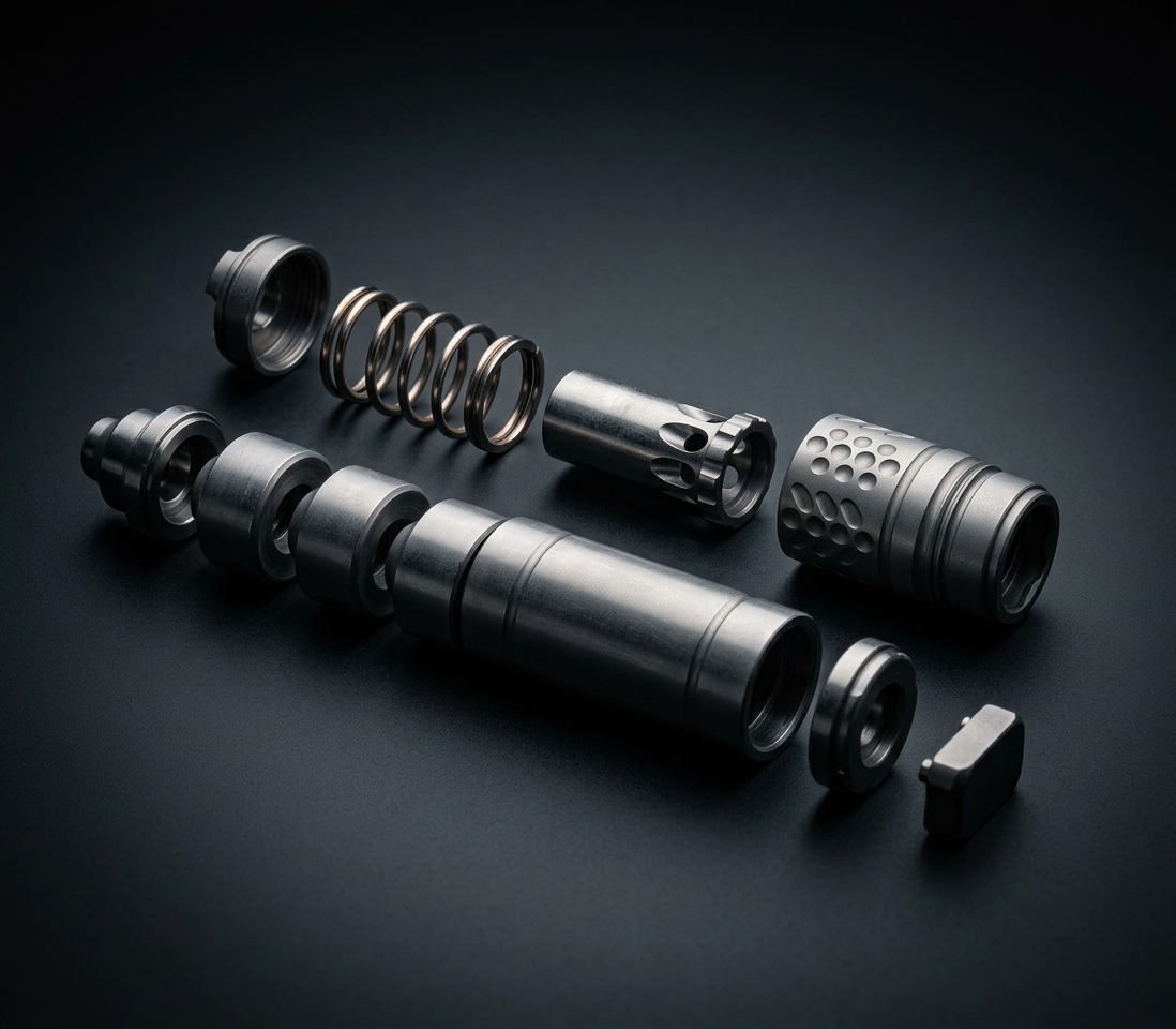 Exploded view of a suppressor piston, spring, and mounting components