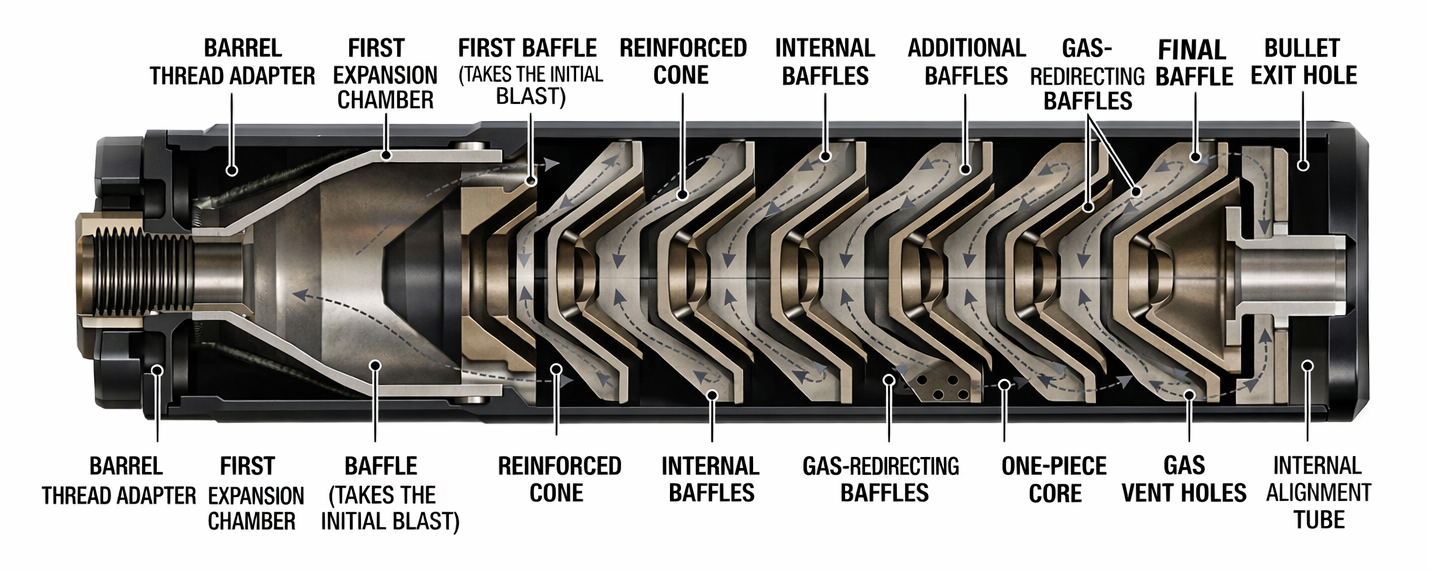 Suppressor cutaway diagram showing internal baffle stack, expansion chambers, blast baffle, and gas flow